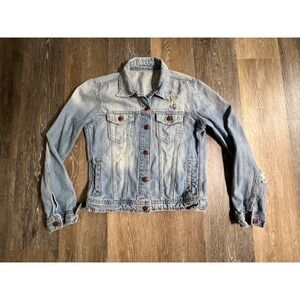 Zara Z1975 Denim Jacket Women Size L Light Wash Good Distressed Trucker Blue